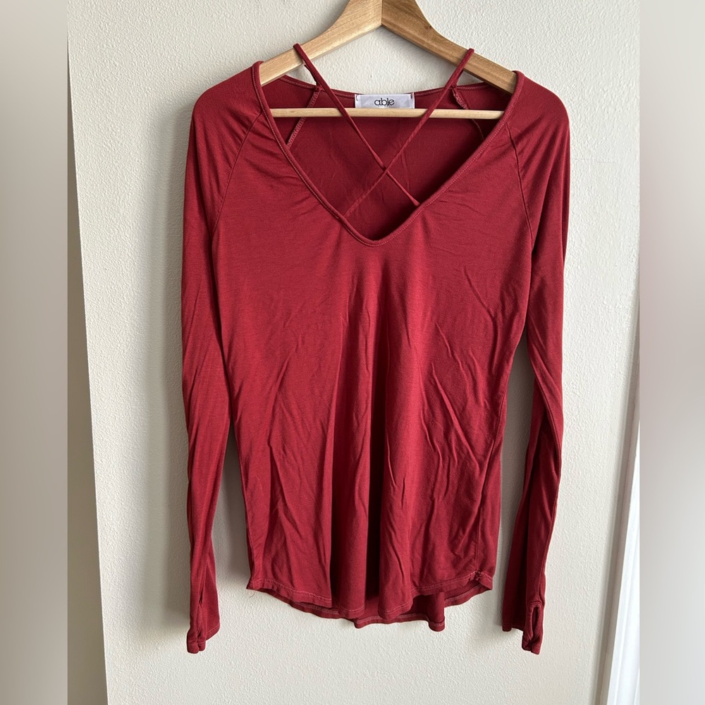 Able Crisscross Long Sleeve Top thumb holes Maroon red brick rust USA Size M